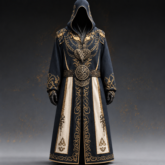 Front view of a long hooded robe with gold scrollwork embroidery, cream side panels and a Celtic knot buckled belt, shown on a dark backdrop 1