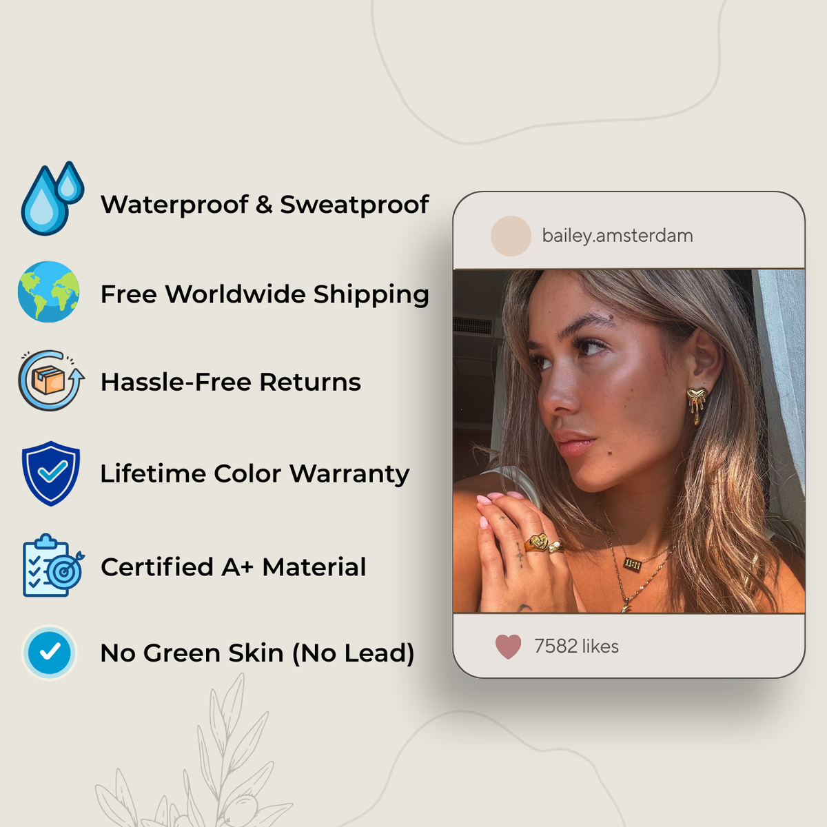 Infographic listing waterproof, free shipping, returns, colour warranty and lead-free claims beside a smiling woman in profile wearing gold earrings and rings. 5