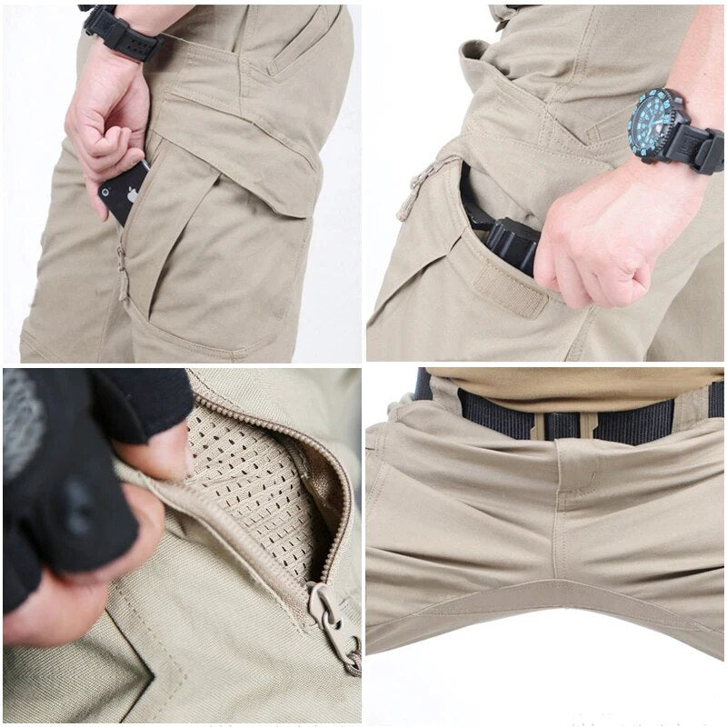 Four detail shots of khaki trousers: a phone slipped into the pocket, a hook-and-loop flap, mesh pocket lining and the gusseted crotch. 8