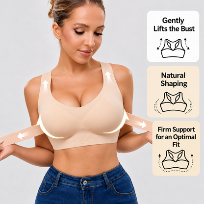 Model in a beige bra with jeans, stretching the elastic band outwards with arrows showing lift and support. 3