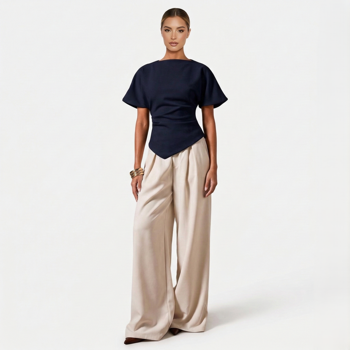 Ruched Blouse Women's Boat Neck Batwing Sleeve Asymmetric Hem