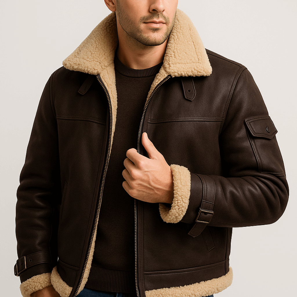 Dark brown jacket with collar tabs, buckled cuffs and sleeve pocket, worn by a model with a hand on the zip 8