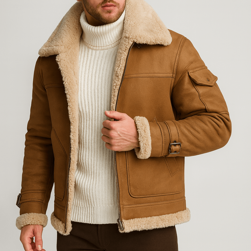 Model wearing the tan suede-look jacket with shearling lining, open over a white ribbed roll-neck jumper 3