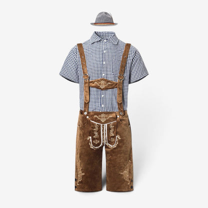 Flat lay of short-sleeved navy checked shirt with brown suede-effect embroidered braced shorts and a grey felt hat. 2