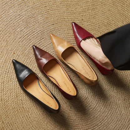 Four pairs of pointed pumps in black, brown, tan and red, shown from above on matting 6