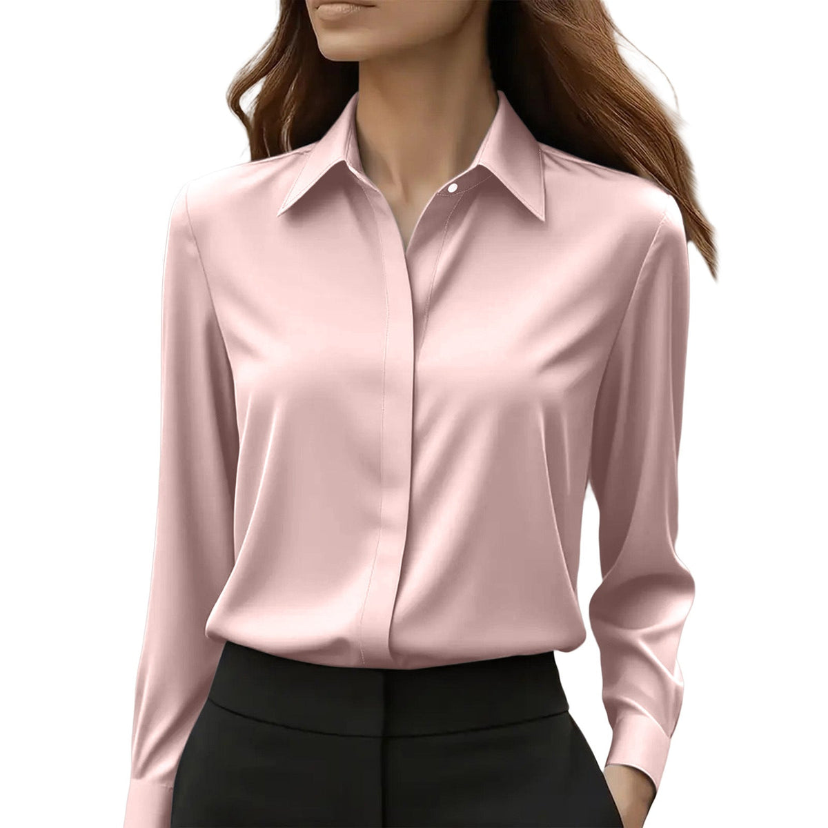 Model against a plain white background wearing the blouse in soft pink with black trousers 5
