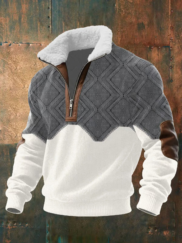 Grey and white colour-block version with diamond-patterned yoke, shown on a rusty metal background 2