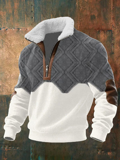 Grey and white colour-block version with diamond-patterned yoke, shown on a rusty metal background 2