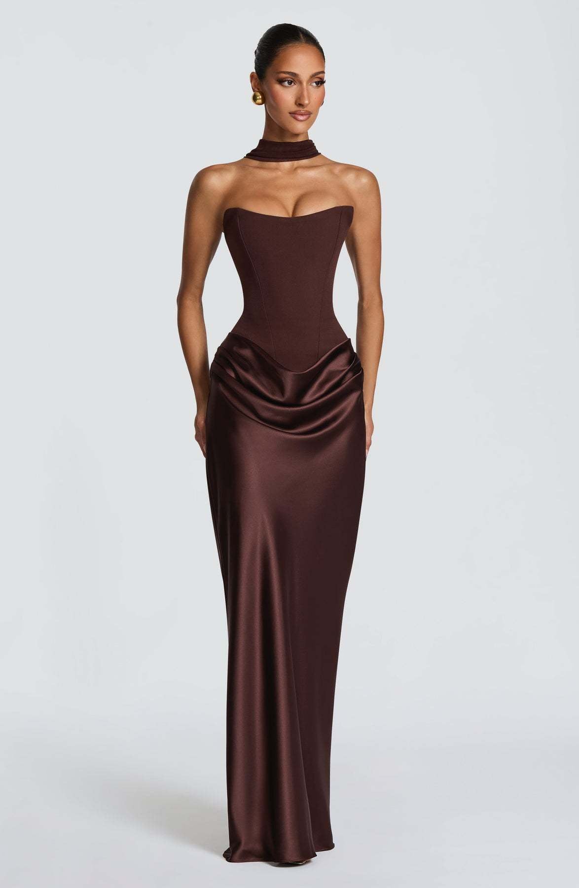 Chocolate brown strapless corset gown with matching draped choker neckline and satin skirt, front view 10