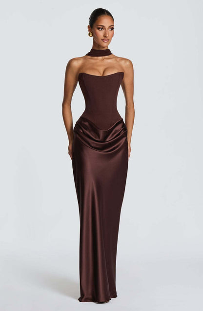 Chocolate brown strapless corset gown with matching draped choker neckline and satin skirt, front view 10