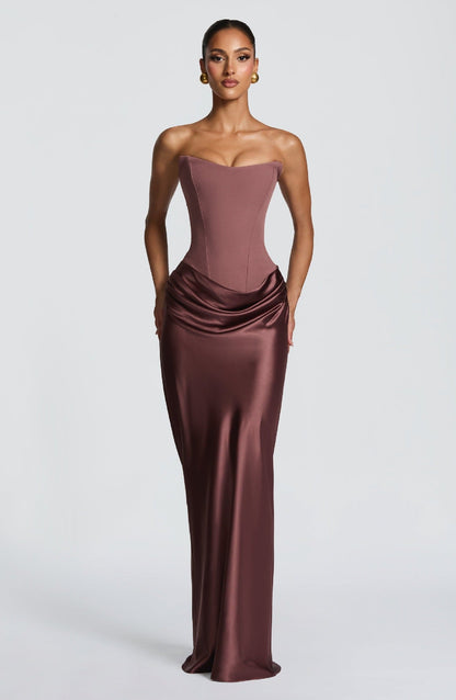 Mocha rose strapless corset gown with draped satin skirt, model standing with arms at sides 18