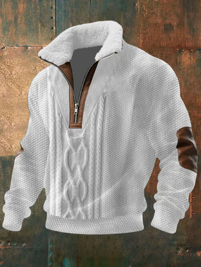 White textured version with a central twisted cable panel, fleece collar and brown elbow patches 4