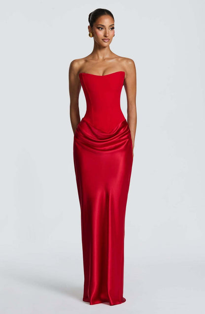 Front view of the red strapless corset dress without choker, showing the draped satin hip detail 29
