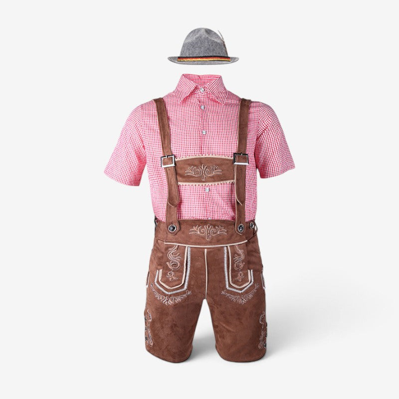 Flat lay of short-sleeved red gingham shirt, brown braced shorts with cream stitching and a grey hat. 3