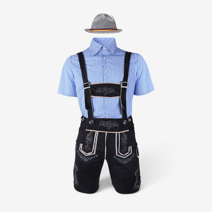 Flat lay of short-sleeved blue checked shirt with black embroidered braced shorts and a grey feathered hat. 4