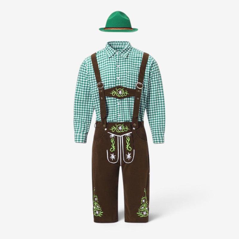 Flat lay of long-sleeved green checked shirt, dark brown shorts with green floral embroidery and a green hat. 5