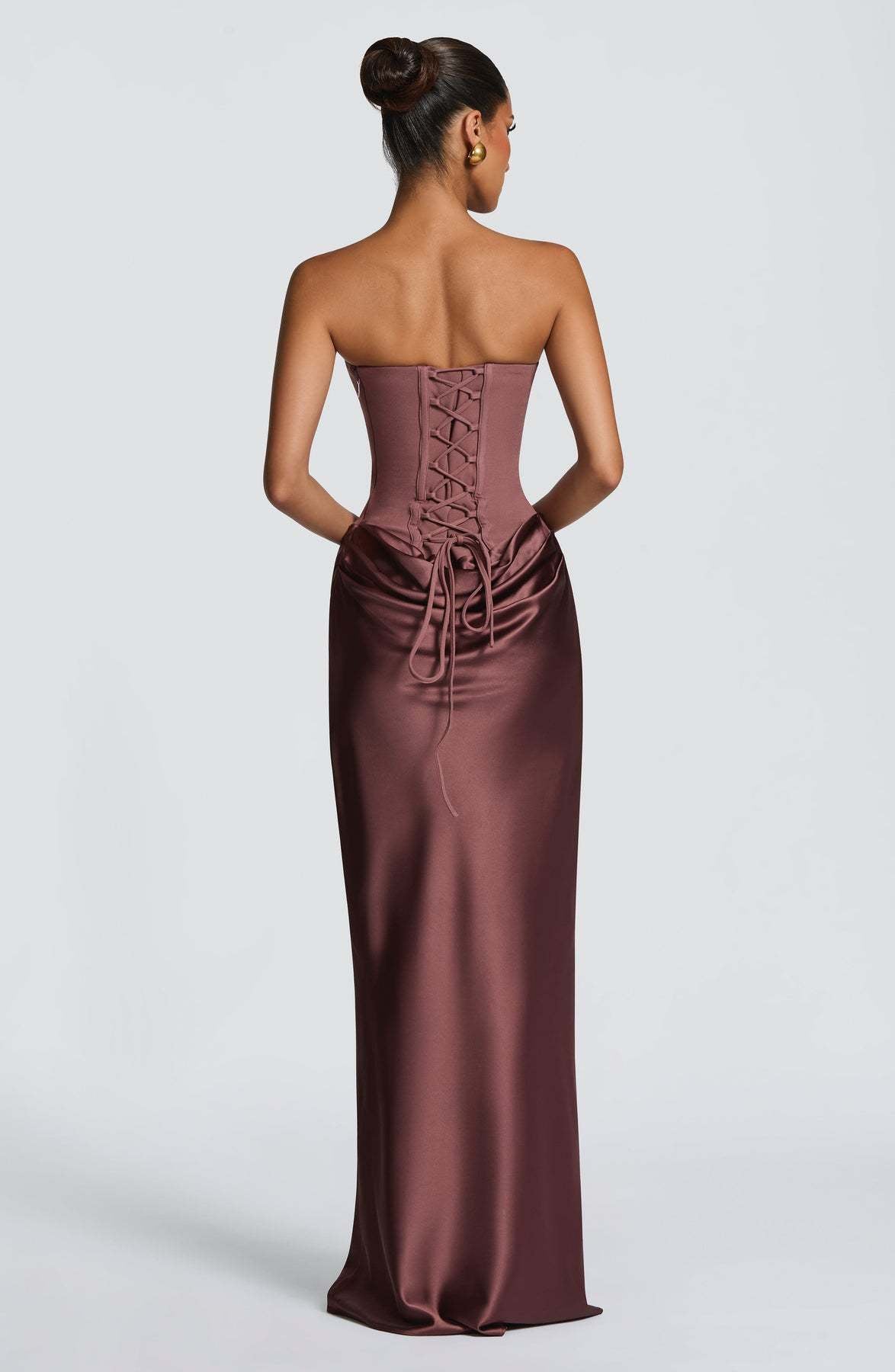 Back of mocha rose corset gown showing cross-lacing and long ties over satin skirt 17