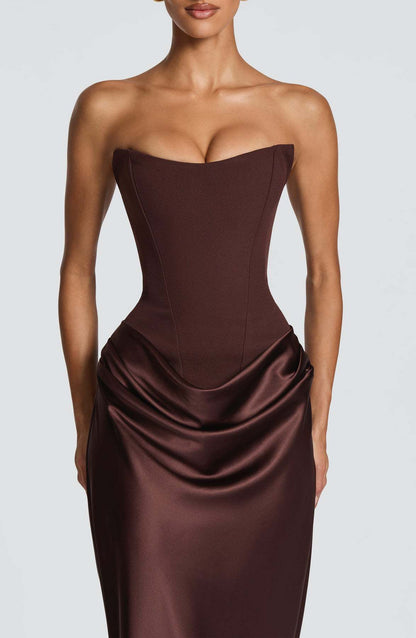 Close-up of chocolate brown corset bodice and softly draped satin skirt at the hips 14