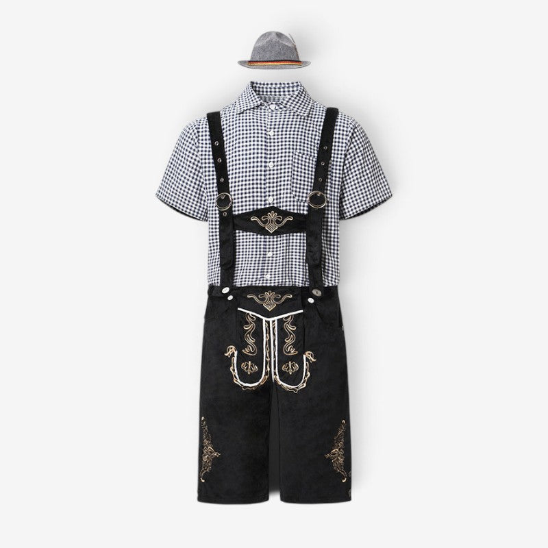 Flat lay of short-sleeved black and white checked shirt with black braced shorts embroidered in gold, plus grey hat. 6