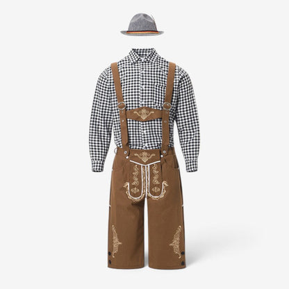 Flat lay of long-sleeved black and white checked shirt, brown embroidered braced shorts and grey felt hat with feather. 1