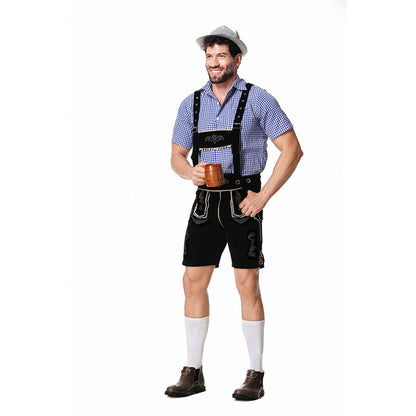Smiling model holding a wooden tankard, wearing blue checked shirt, black braced shorts, white socks and a grey hat. 9