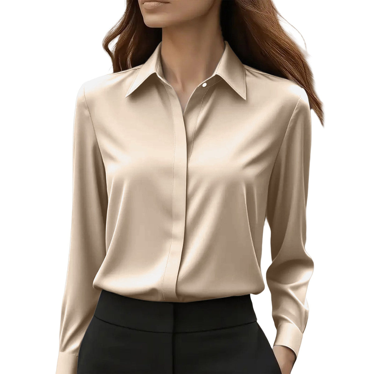 Model against a plain white background wearing the blouse in champagne beige with a satin sheen 6