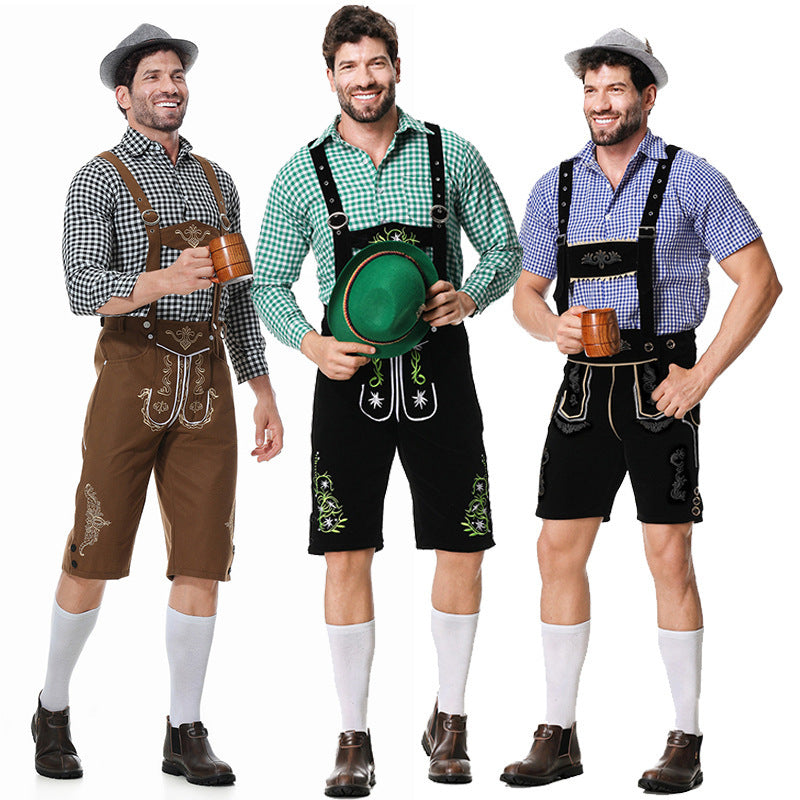 Three smiling models side by side in brown, black and green-checked outfits, holding wooden tankards and a green hat. 11