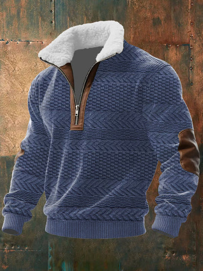 Blue version with horizontal zigzag knit texture, brown zip trim and elbow patches, fleece collar 5