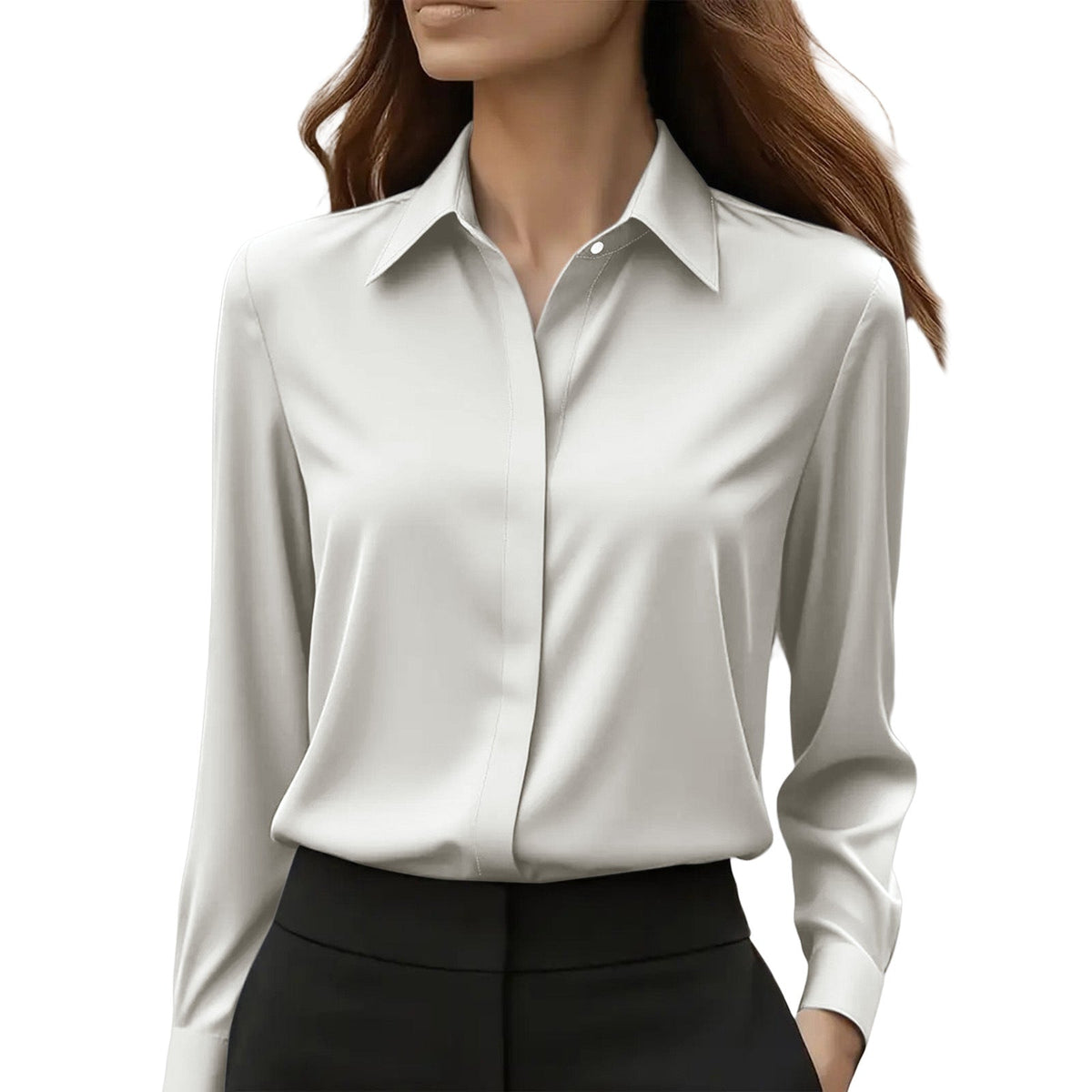 Model against a plain white background wearing the blouse in pale grey-white with black trousers 7