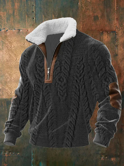Dark charcoal version with vertical cable-knit pattern, fleece collar and brown leather-look elbow patches 3