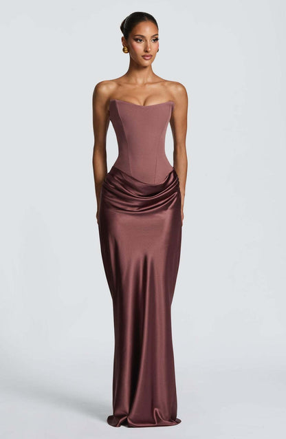 Mocha rose corset gown with draped satin skirt on a model, front view 15