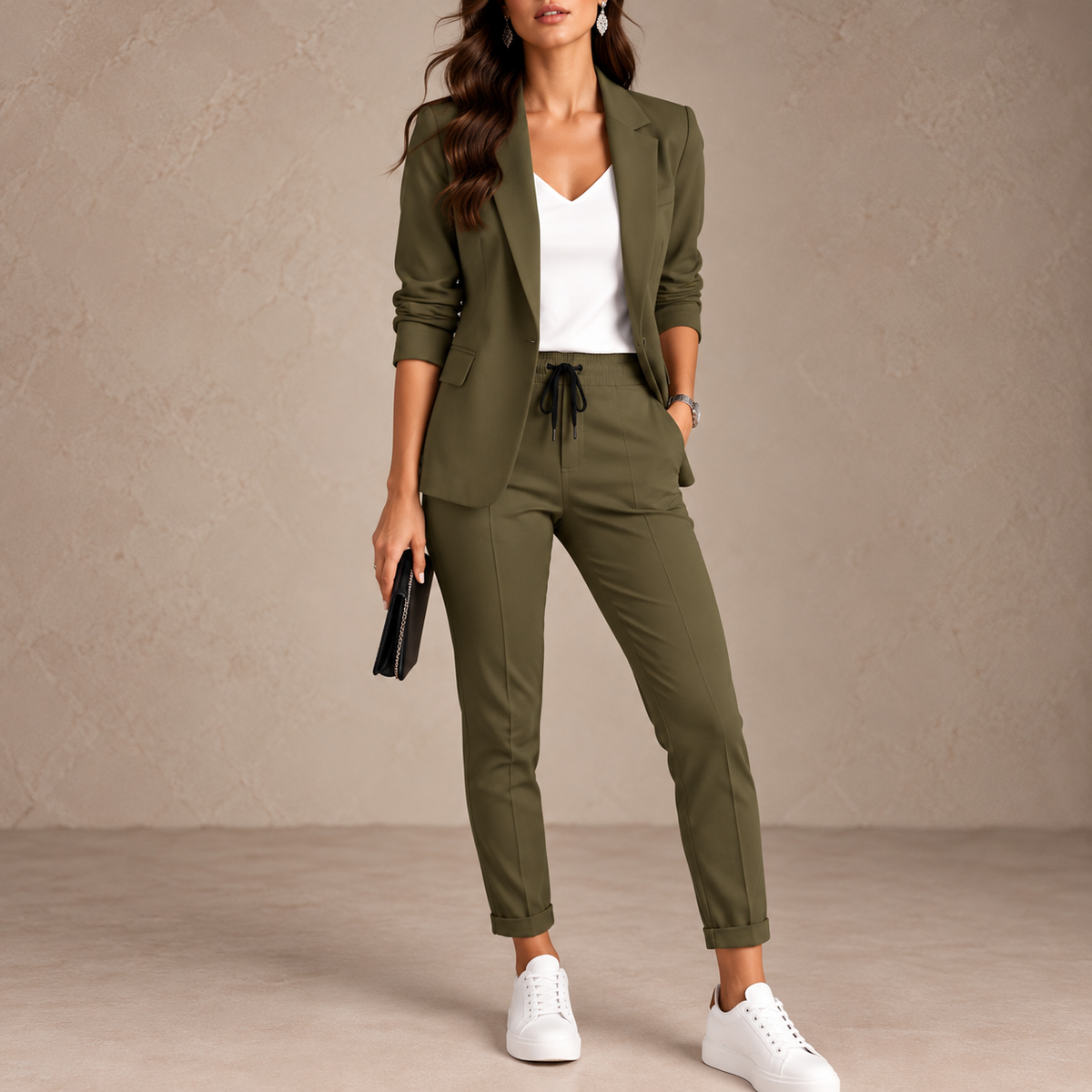 Model wears the blazer and drawstring trousers in olive green with a white top and trainers 7