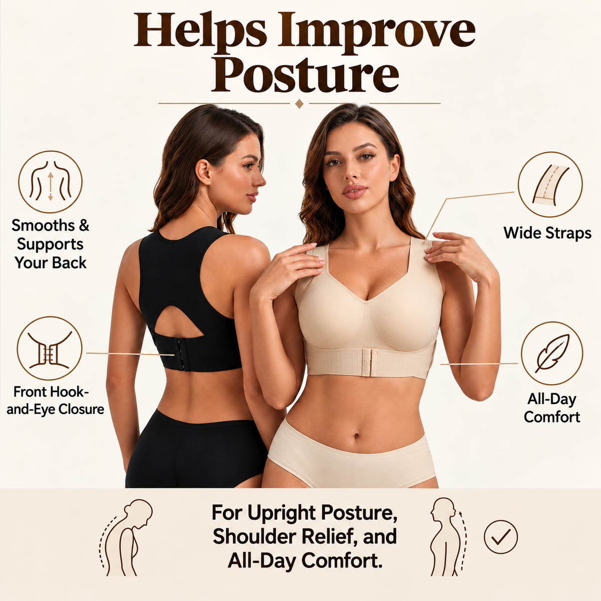 Two models side by side, one showing the black bra's open-back cut-out, the other the beige front with wide straps and hook closure. 1