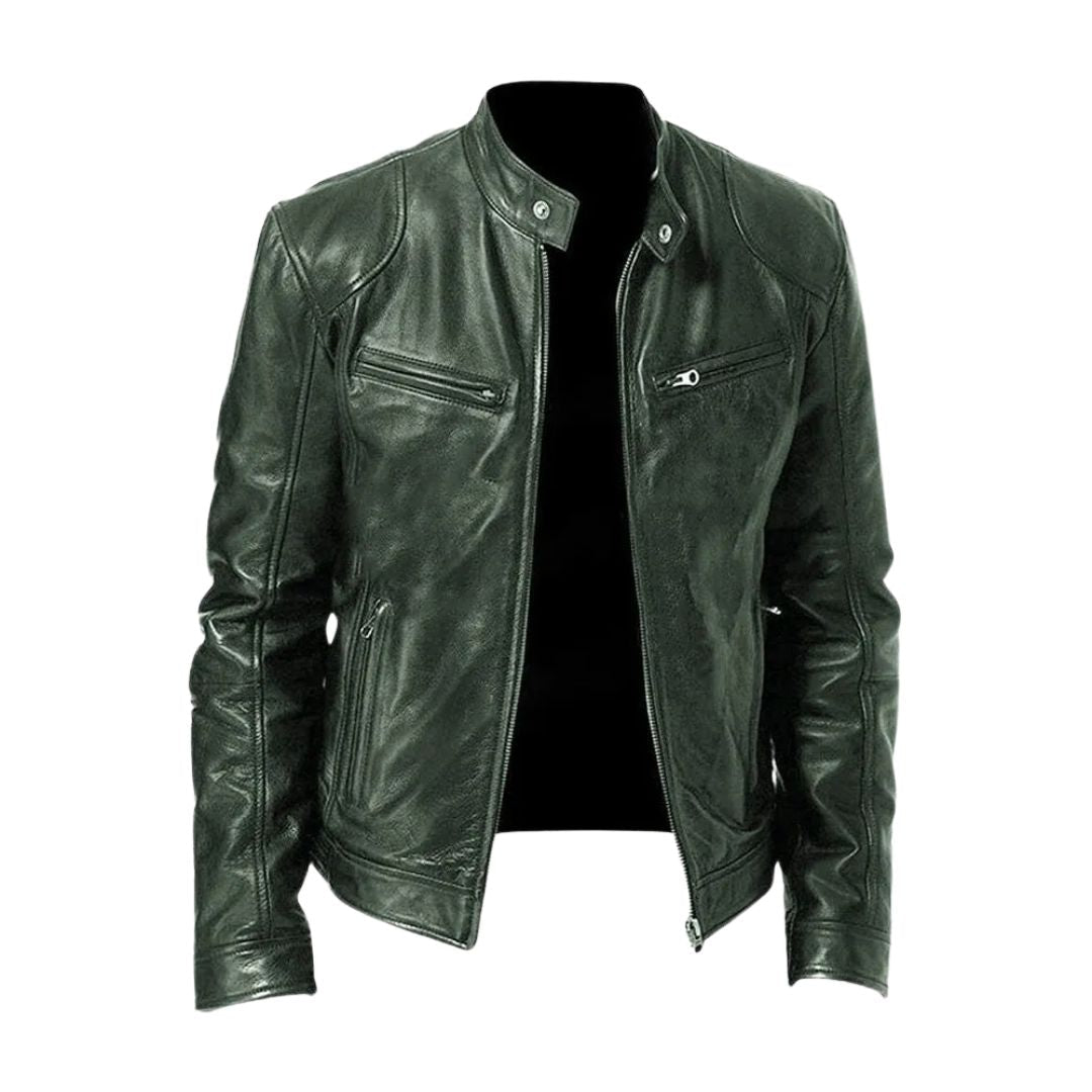 Dark green version of the stand-collar jacket, unzipped, with a glossy finish and zipped pockets 4