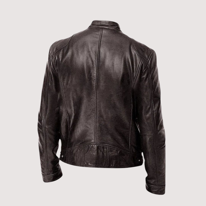 Back view of the dark brown leather jacket, showing centre seam, shoulder panels and snap waistband 7