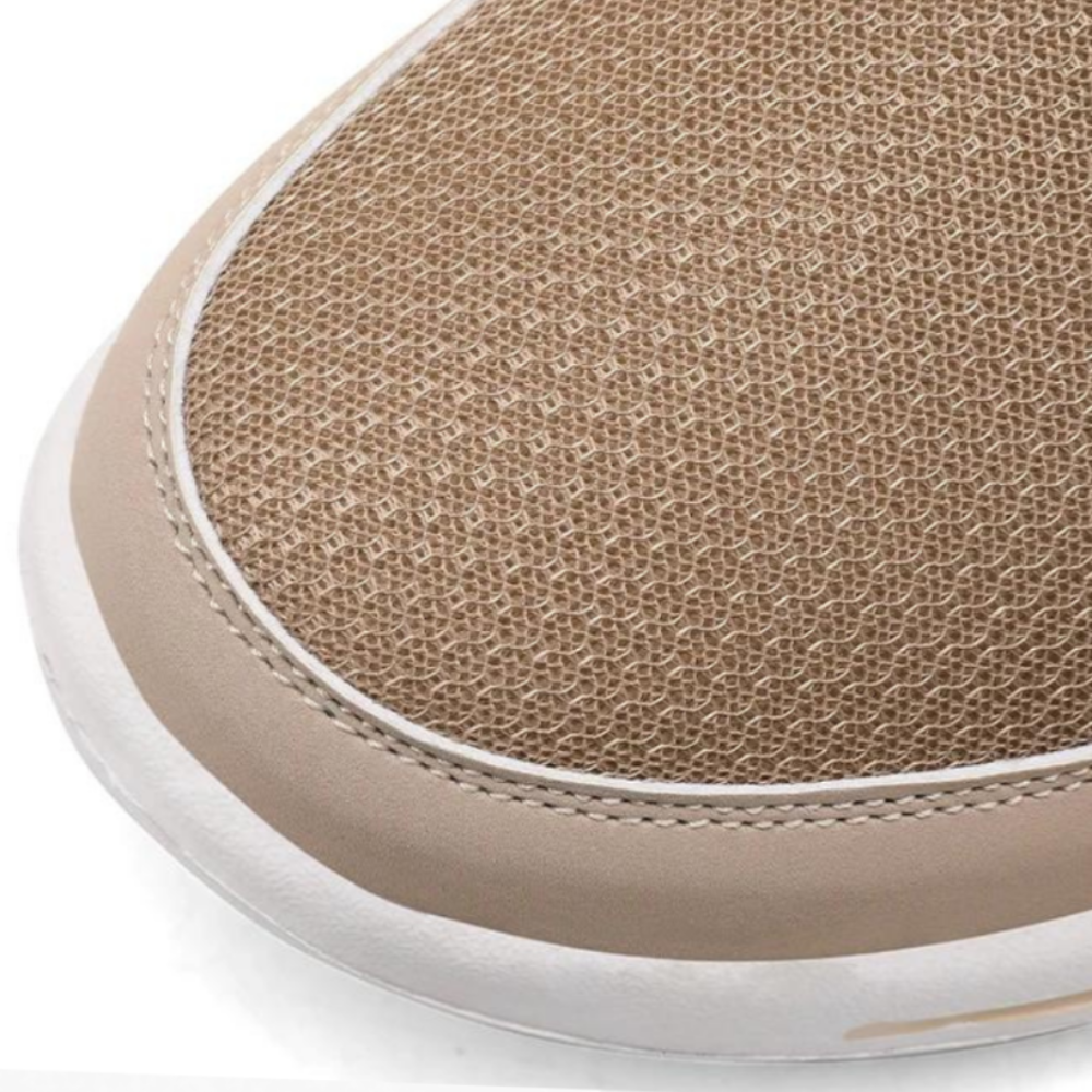 Close-up of the beige woven mesh toe area, showing the stitched trim and thick white sole edge. 5