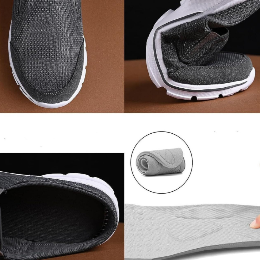 Four-panel detail collage of grey slip-ons showing the toe, a flexing sole, the interior, and a rolled-up cushioned insole. 6