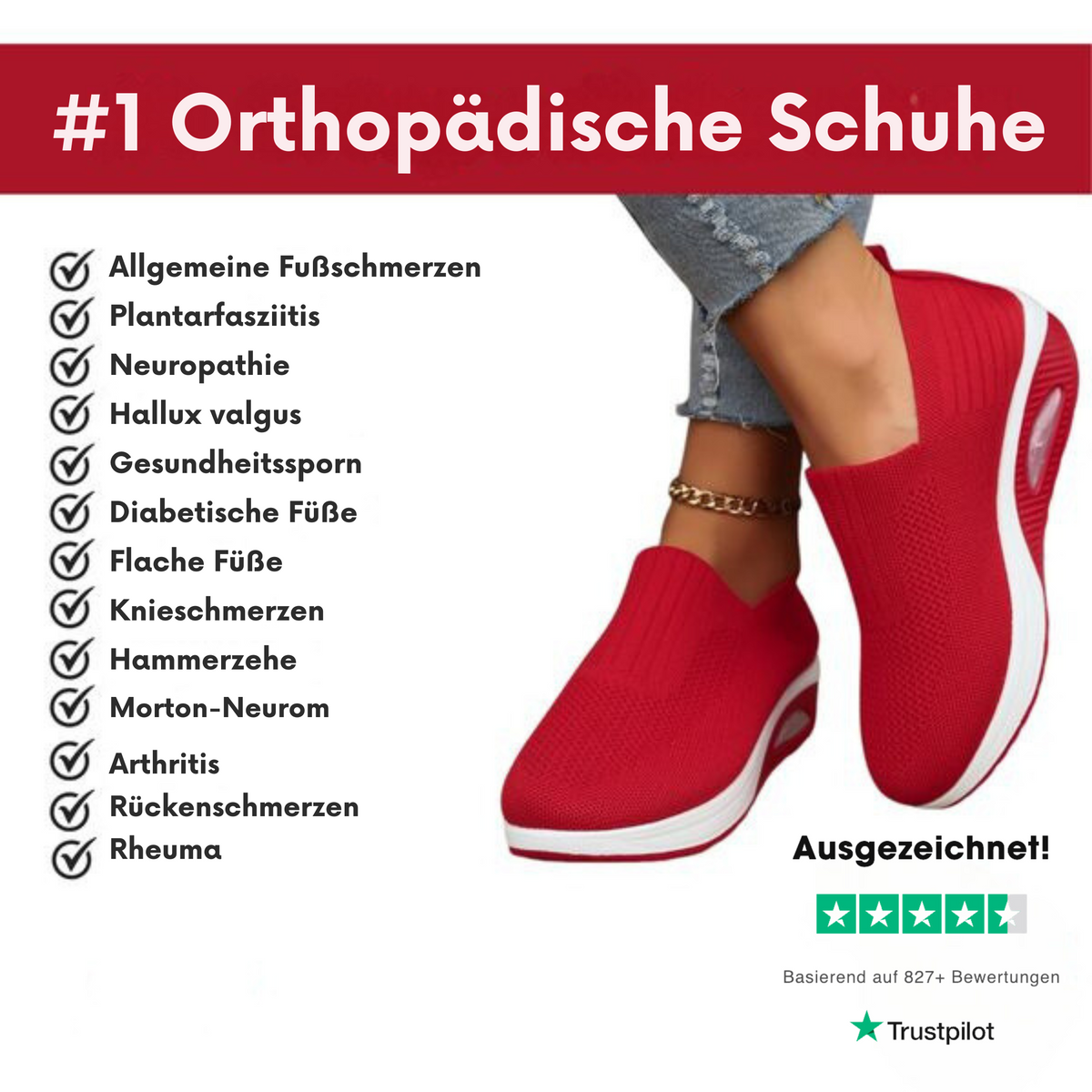 Red knit slip-on shoes worn by a model, beside a checklist of foot complaints and a star rating graphic. 10