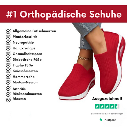 Red knit slip-on shoes worn by a model, beside a checklist of foot complaints and a star rating graphic. 10