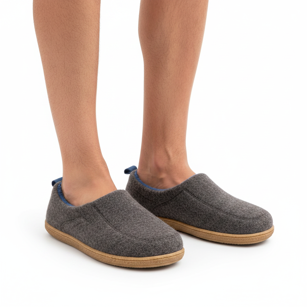 Bare legs wearing the charcoal grey slippers, with blue lining and heel loops visible and tan soles on white background. 10