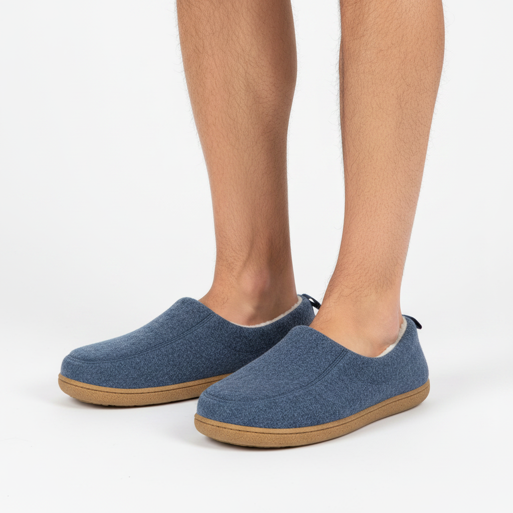 Man's bare legs wearing the navy blue slippers with cream fleece lining and tan soles against a white background. 6