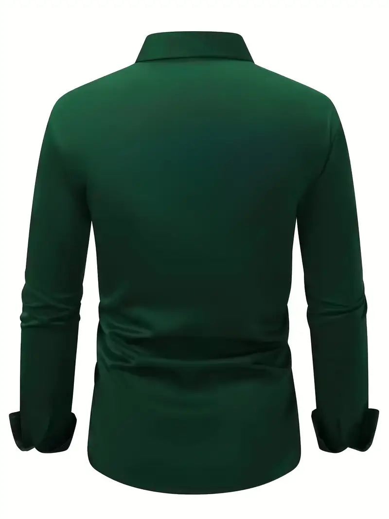 Back view of the dark green shirt laid out flat, showing the plain back, collar and long sleeves with cuffs. 11