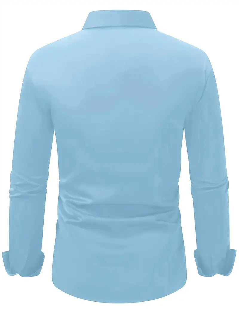 Back view of the light blue shirt laid out flat, showing the plain back, collar and long sleeves with cuffs. 12