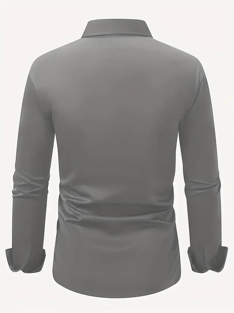 Back view of the grey shirt laid out flat, showing the plain back, collar and long sleeves with cuffs. 13