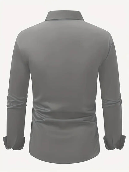 Back view of the grey shirt laid out flat, showing the plain back, collar and long sleeves with cuffs. 13