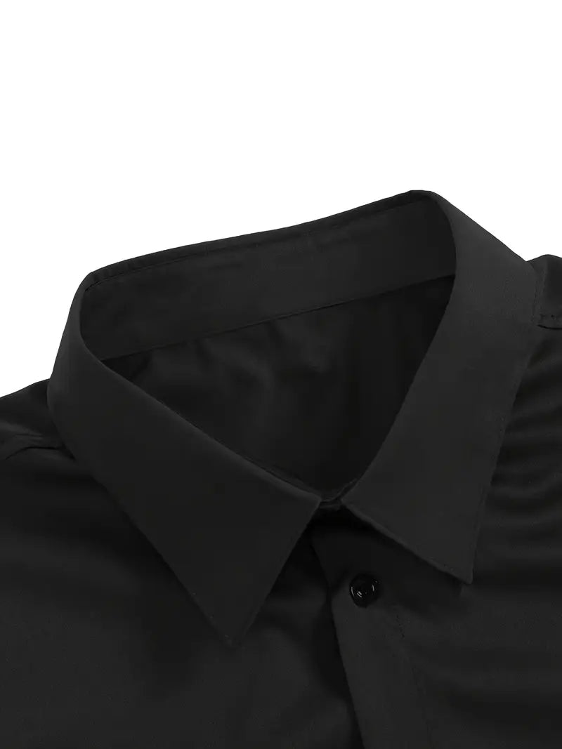 Close-up of the black shirt's pointed collar and top button, showing the smooth fabric. 19