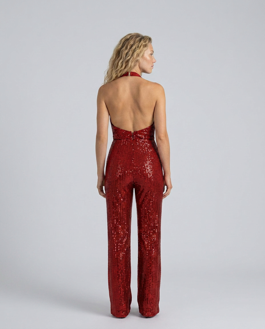 Back view of red sequin jumpsuit with open back, halter neck fastening and centre zip 30