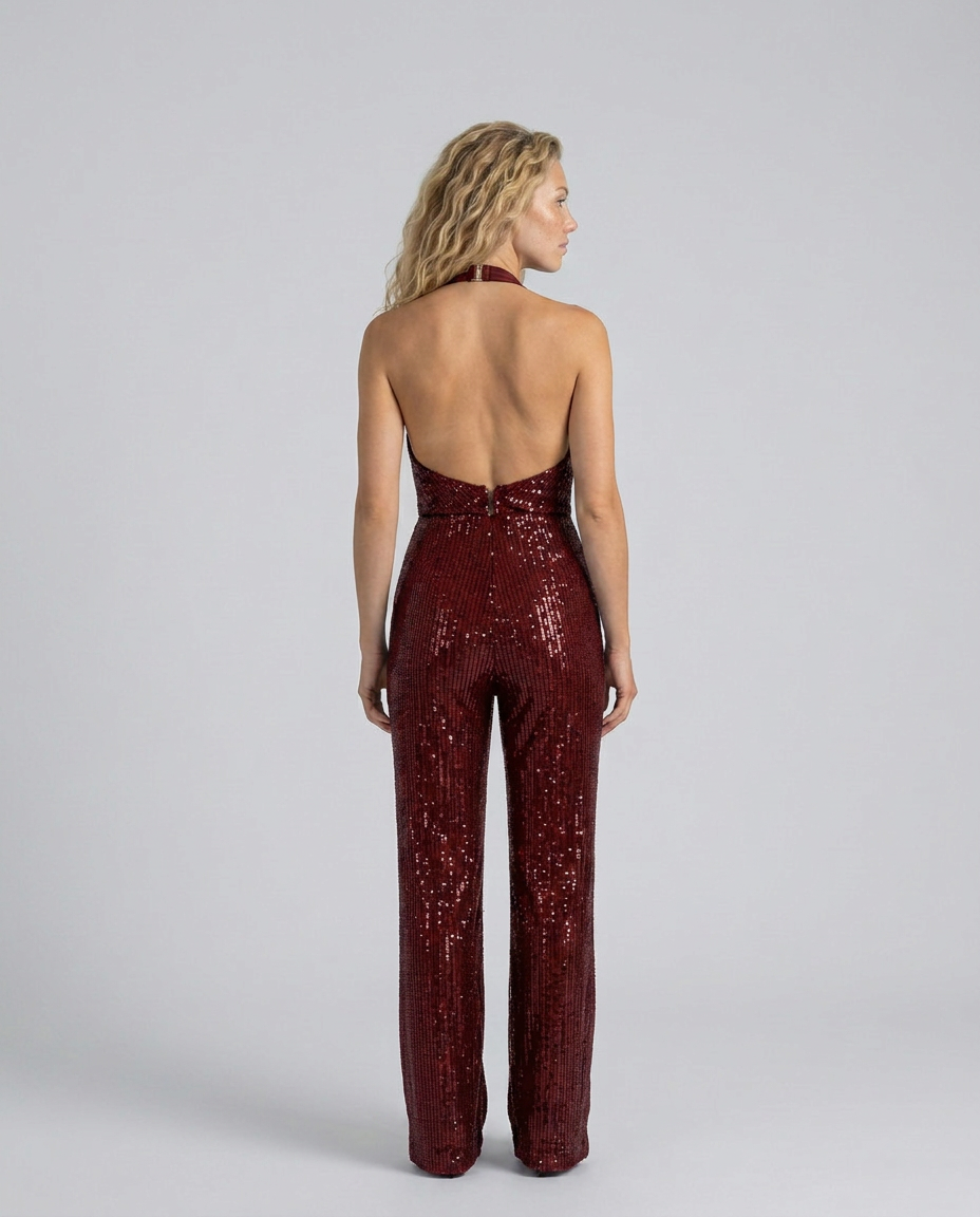 Back view of burgundy sequin jumpsuit showing the open back, halter fastening and centre zip 26