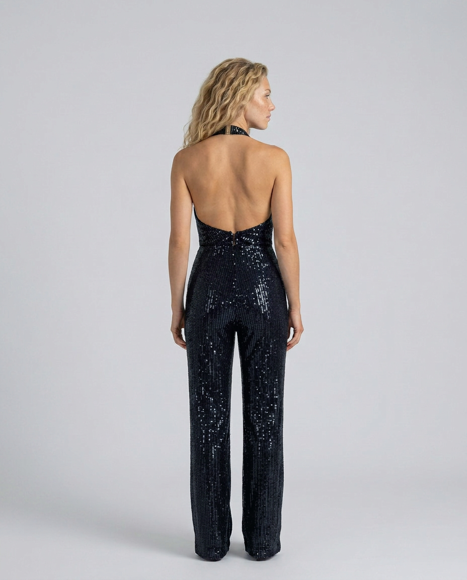 Back view of the black sequin jumpsuit with open back and halter strap 10