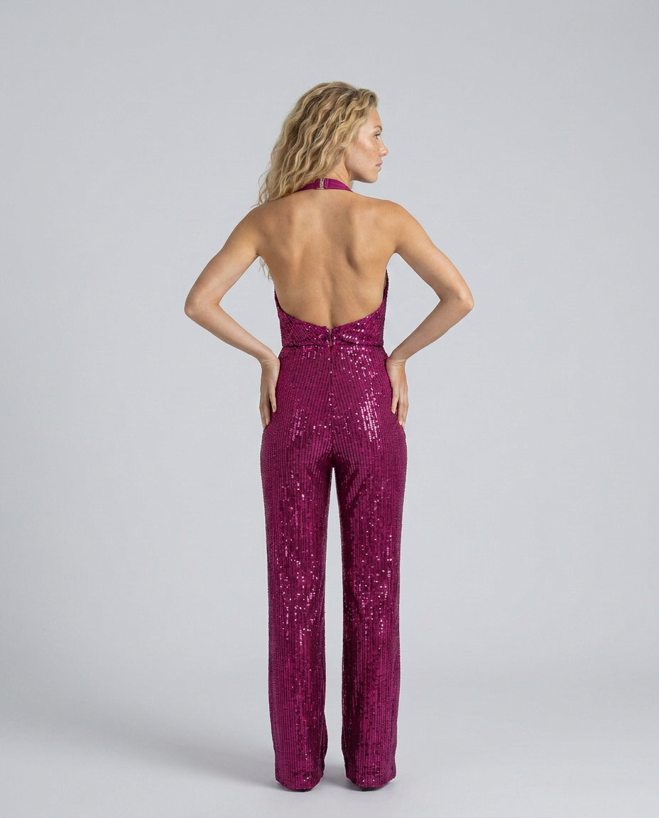 Back view of the fuchsia sequin jumpsuit, model with hands on hips showing the open back 18